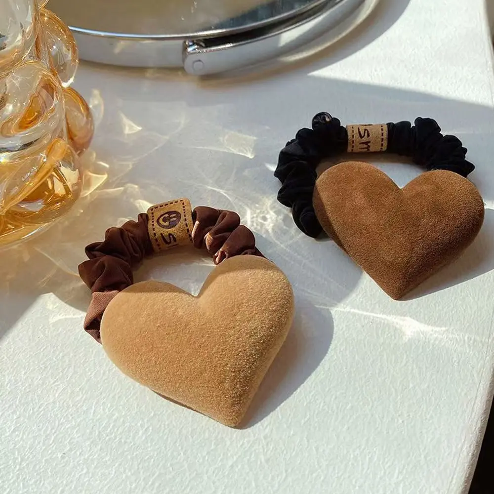 Cute Bowknot Heart Charms Hair Ropes Khaki Coffee Color Velvet Hair Ties Rubber Band Girls Elastic Ponytail Holder Scrunchies