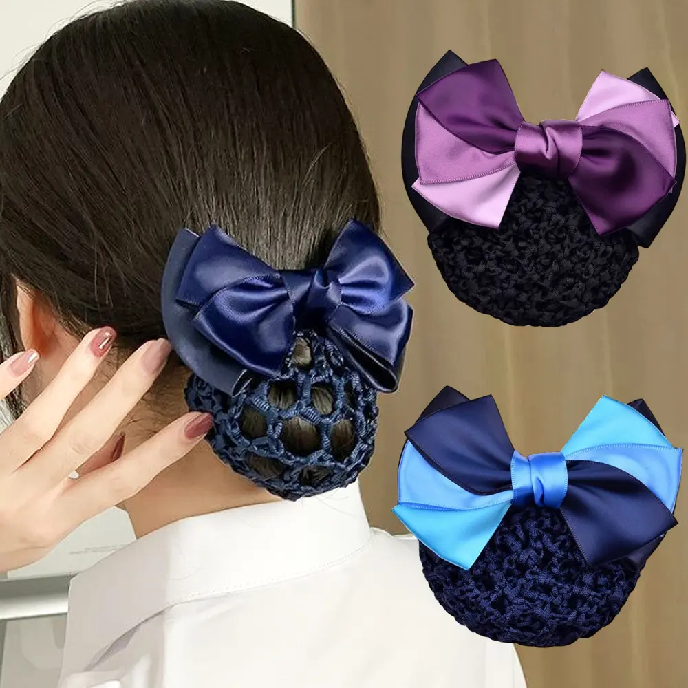 Classic Ribbon Bowknot Spring Hairpins With Hair Net Ladies Professional Barrettes For Hair Bun Cover Women Work Use Headwear