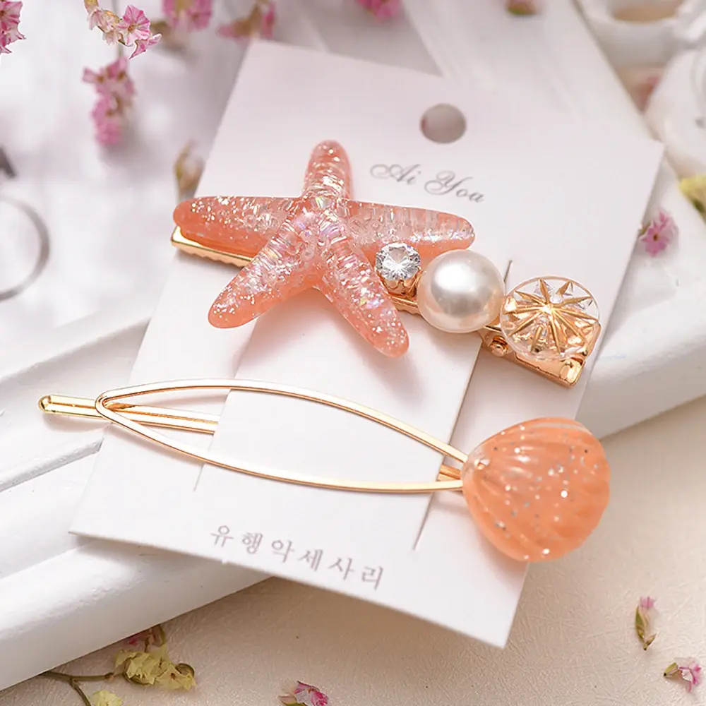 2pcs/Set Ocean Styles Starfish Seashell Shaped Hair Clips Cute Acrylic Hairpins Women Girls Summer Beach Party Headwear