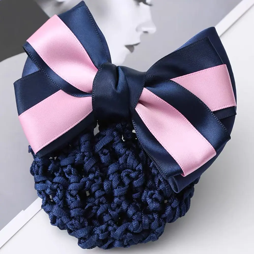 Classic Ribbon Bowknot Spring Hairpins With Hair Net Ladies Professional Barrettes For Hair Bun Cover Women Work Use Headwear