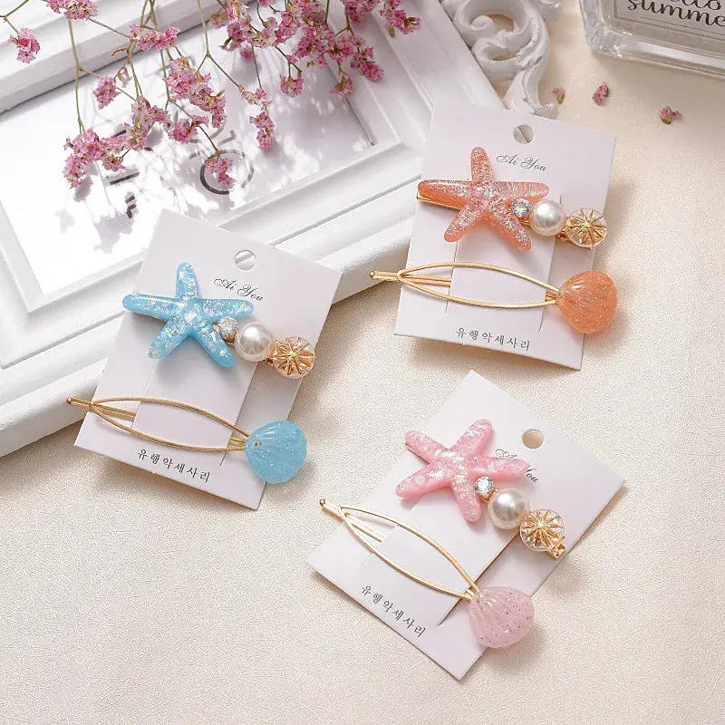 2pcs/Set Ocean Styles Starfish Seashell Shaped Hair Clips Cute Acrylic Hairpins Women Girls Summer Beach Party Headwear