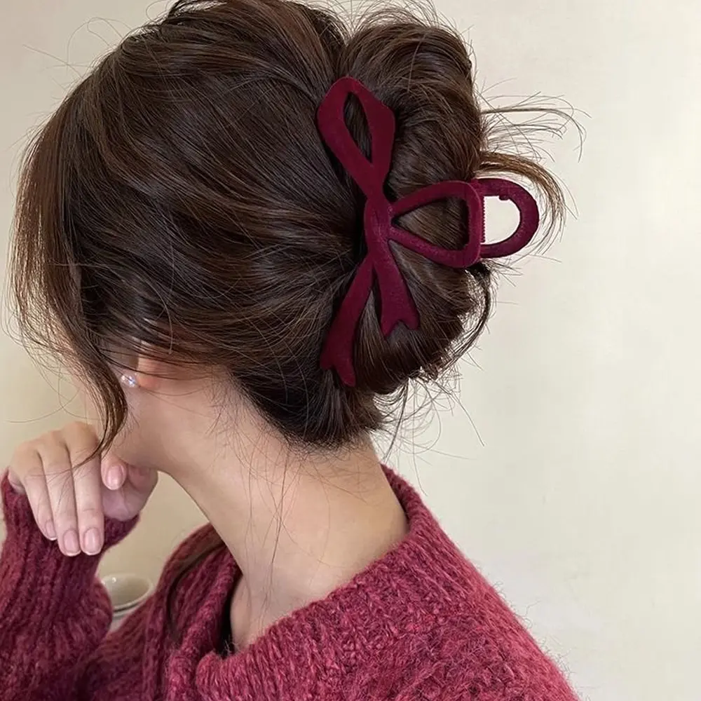 Fashion Velvet Bow Hair Claw Nonslip Large Strong Holder Shark Jaw Clamp For Thick Hair Women Girls Christmas New Year Headwear