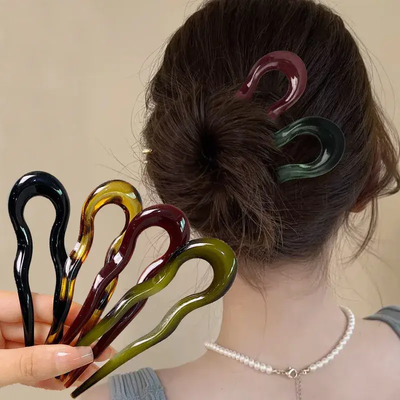 Fashion Solid Color U-Shaped Hair Forks Acrylic 2 Prong Twist Hair Sticks For Buns Chignons Women Girl Summer Daily Headwear