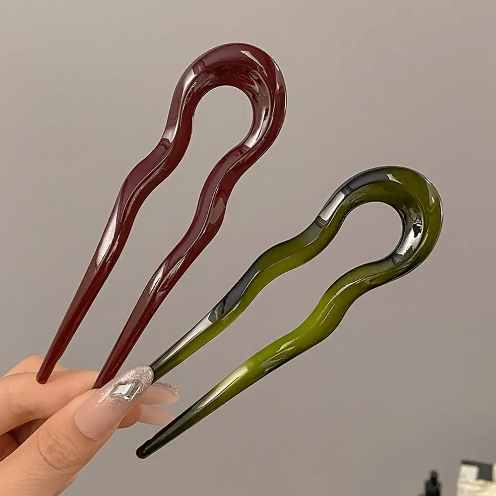 Fashion Solid Color U-Shaped Hair Forks Acrylic 2 Prong Twist Hair Sticks For Buns Chignons Women Girl Summer Daily Headwear