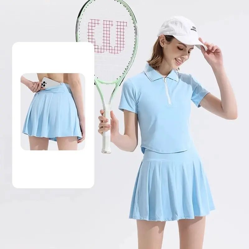 Sports Suit Women in Summer Yoga Skirt Running T-shirt Fitness Quick-drying Polo Collar Badminton Uniform Sports Yoga Skirt Sets