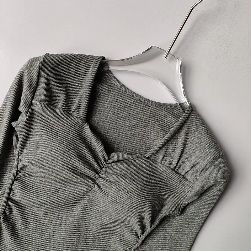 Autumn Winter French V-neck Pleated Quick Dry Yoga T-shirt Women One-piece Chest Cushion Slimming Breathable Fitness Base Top