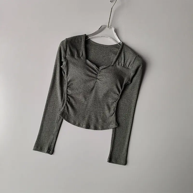 Autumn Winter French V-neck Pleated Quick Dry Yoga T-shirt Women One-piece Chest Cushion Slimming Breathable Fitness Base Top