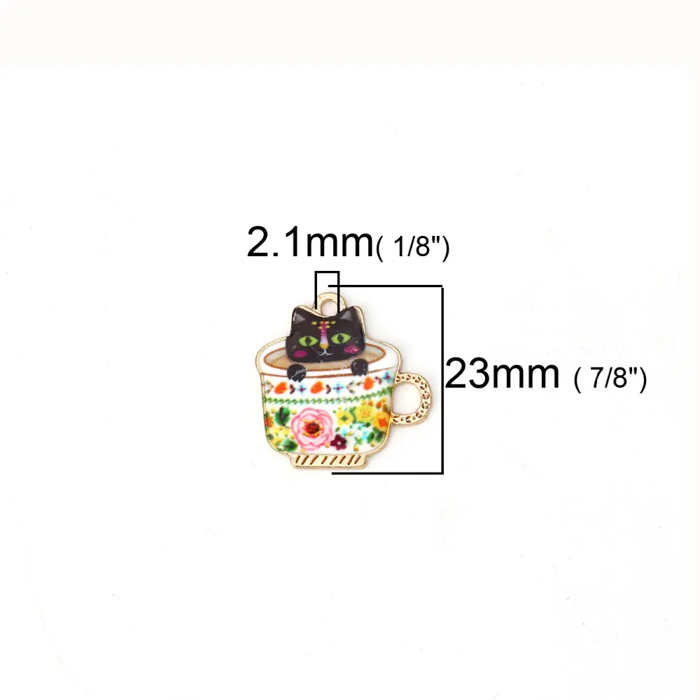10PCs Zinc Based Alloy Charms Pendant Cup Cat Gold Color Multicolor Cute Cat Enamel DIY For Necklace Bracelet Making Findings