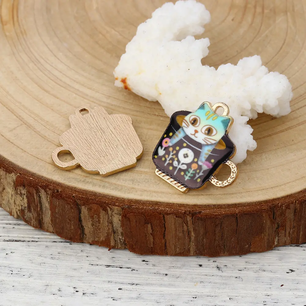 10PCs Zinc Based Alloy Charms Pendant Cup Cat Gold Color Multicolor Cute Cat Enamel DIY For Necklace Bracelet Making Findings