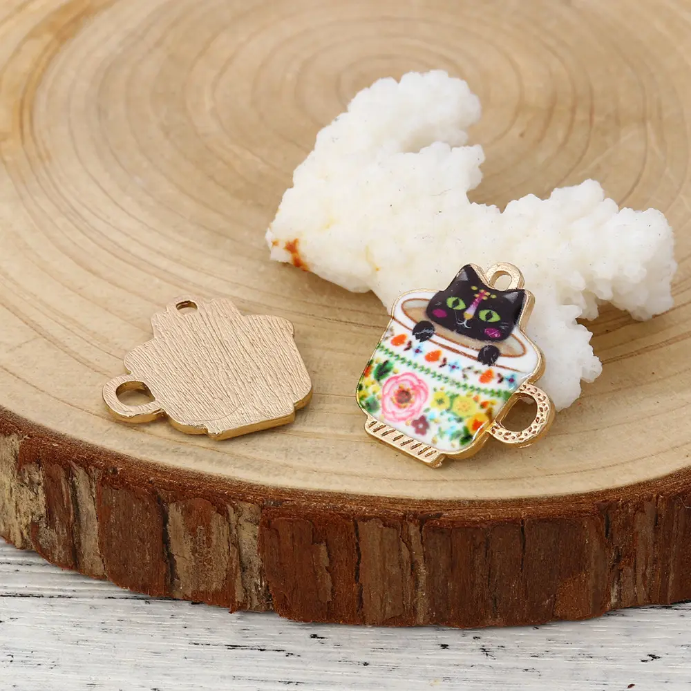 10PCs Zinc Based Alloy Charms Pendant Cup Cat Gold Color Multicolor Cute Cat Enamel DIY For Necklace Bracelet Making Findings