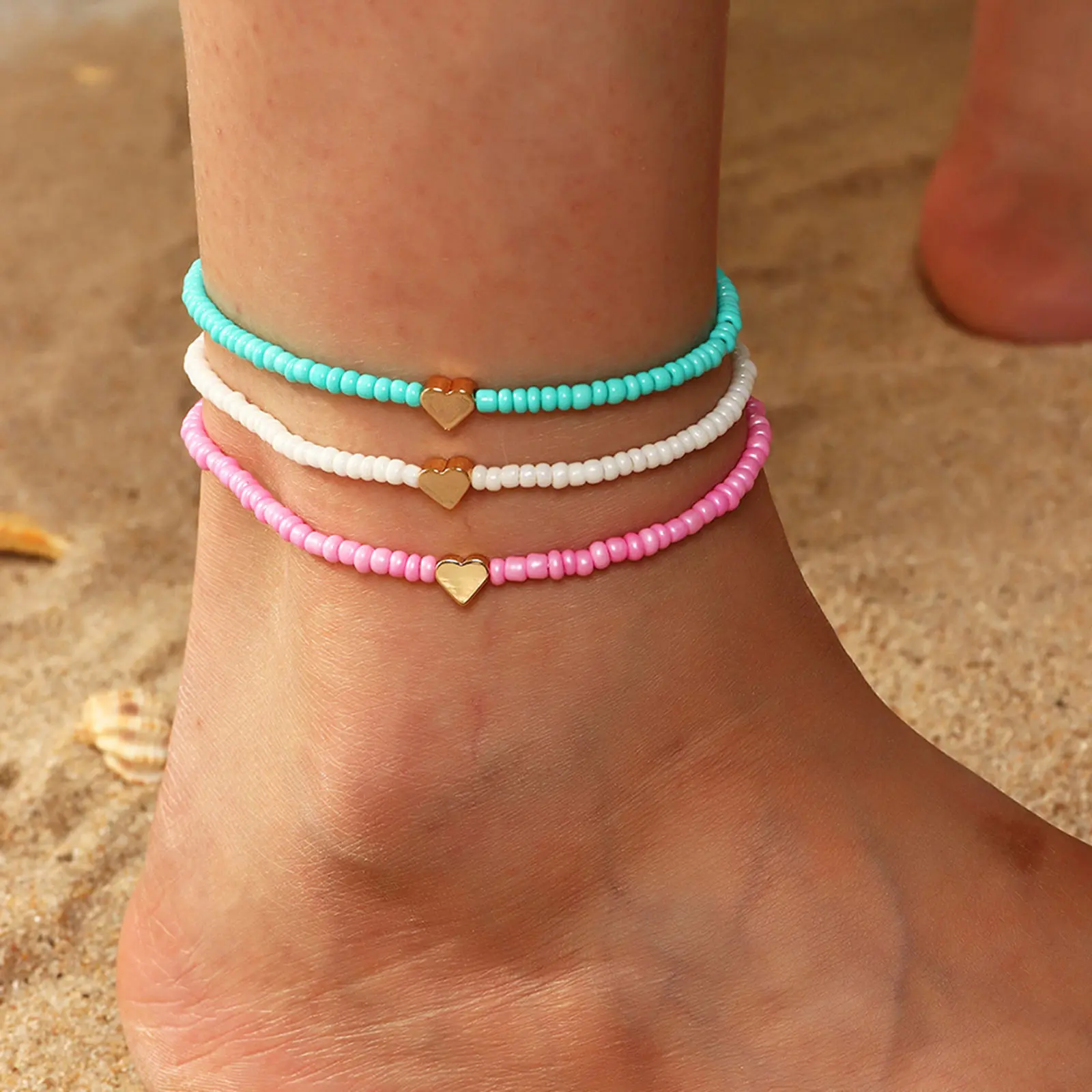 1 Set Bohemia Summer Colorful Rice Beads Heart Beads Ankle For Women Boho Ocean Barefoot Beach Leg Bracelet Anklet Set Female
