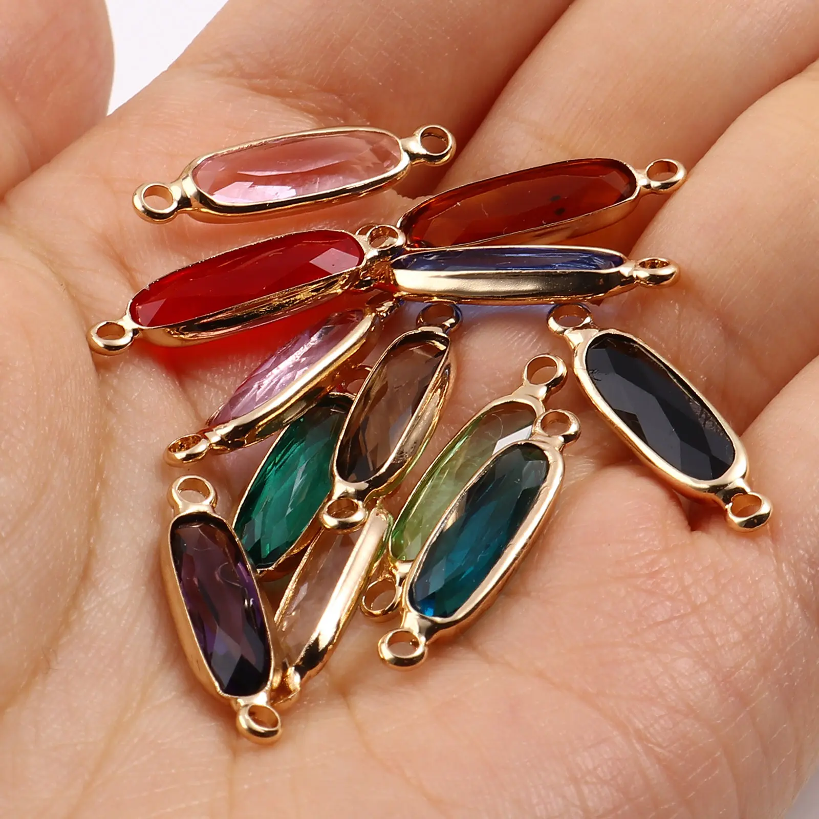 DoreenBeads 5 PCs Oval Glass Connectors Copper Charms Gold Color For DIY Making Necklace Bracelets Jewelry Findings 22mm x 6mm