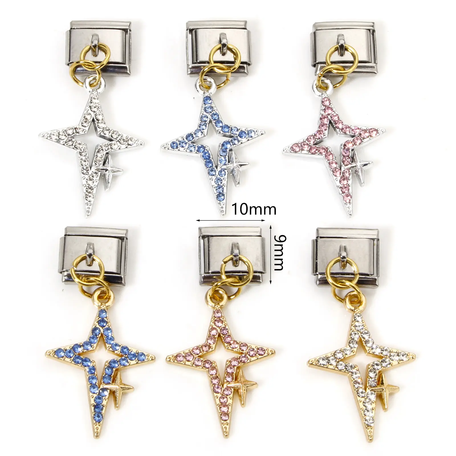1 Piece Zinc Based Alloy & Stainless Steel Italian Charm Links For DIY Bracelet Jewelry Making Rectangle Star Charms 10mm x 9mm
