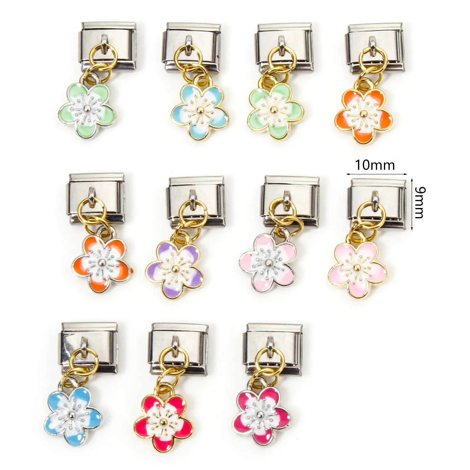 1 PieceItalian Charm Links For DIY Bracelet Jewelry Making Rectangle Cherry Blossom Sakura Flower Double-sided Enamel 10mm x 9mm