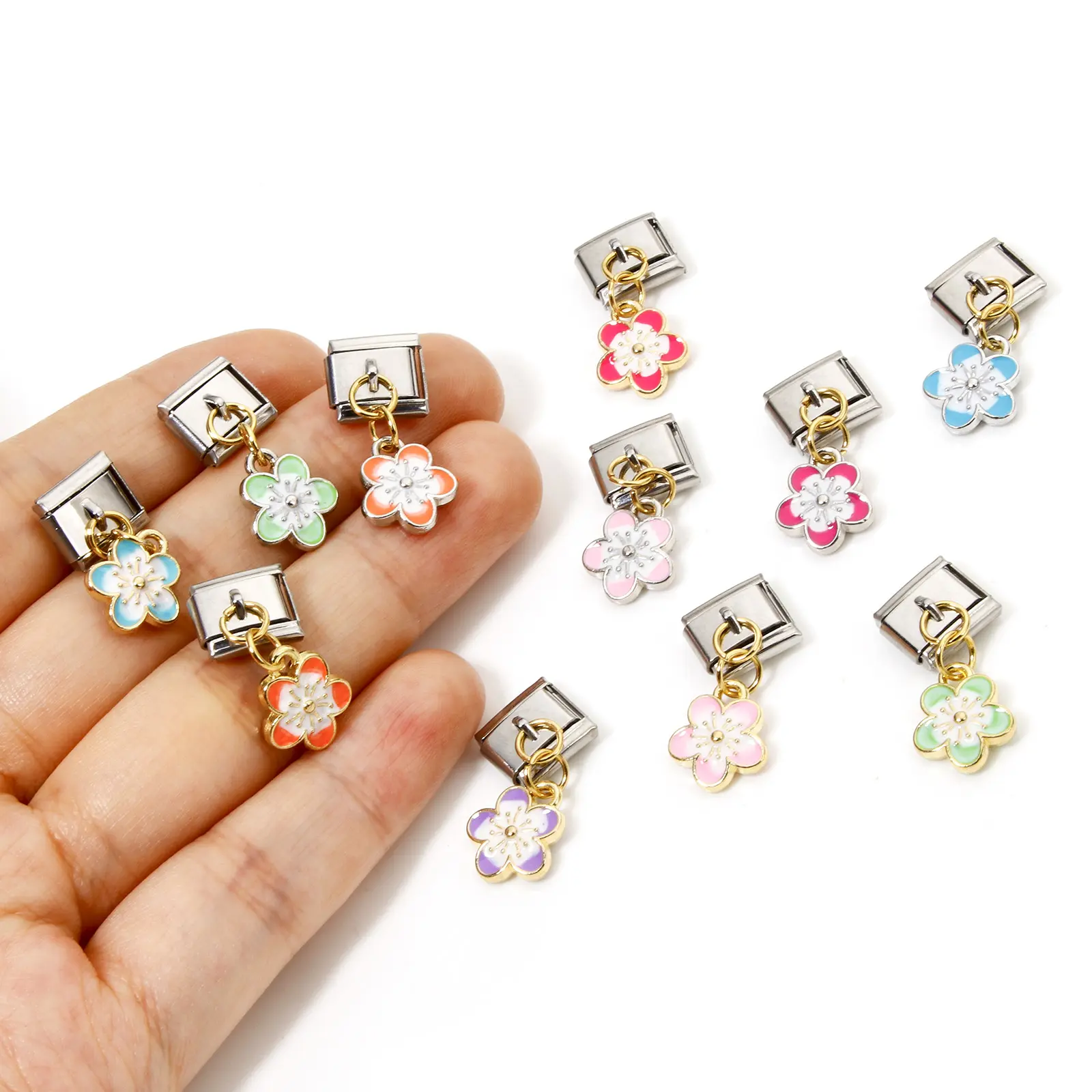 1 PieceItalian Charm Links For DIY Bracelet Jewelry Making Rectangle Cherry Blossom Sakura Flower Double-sided Enamel 10mm x 9mm