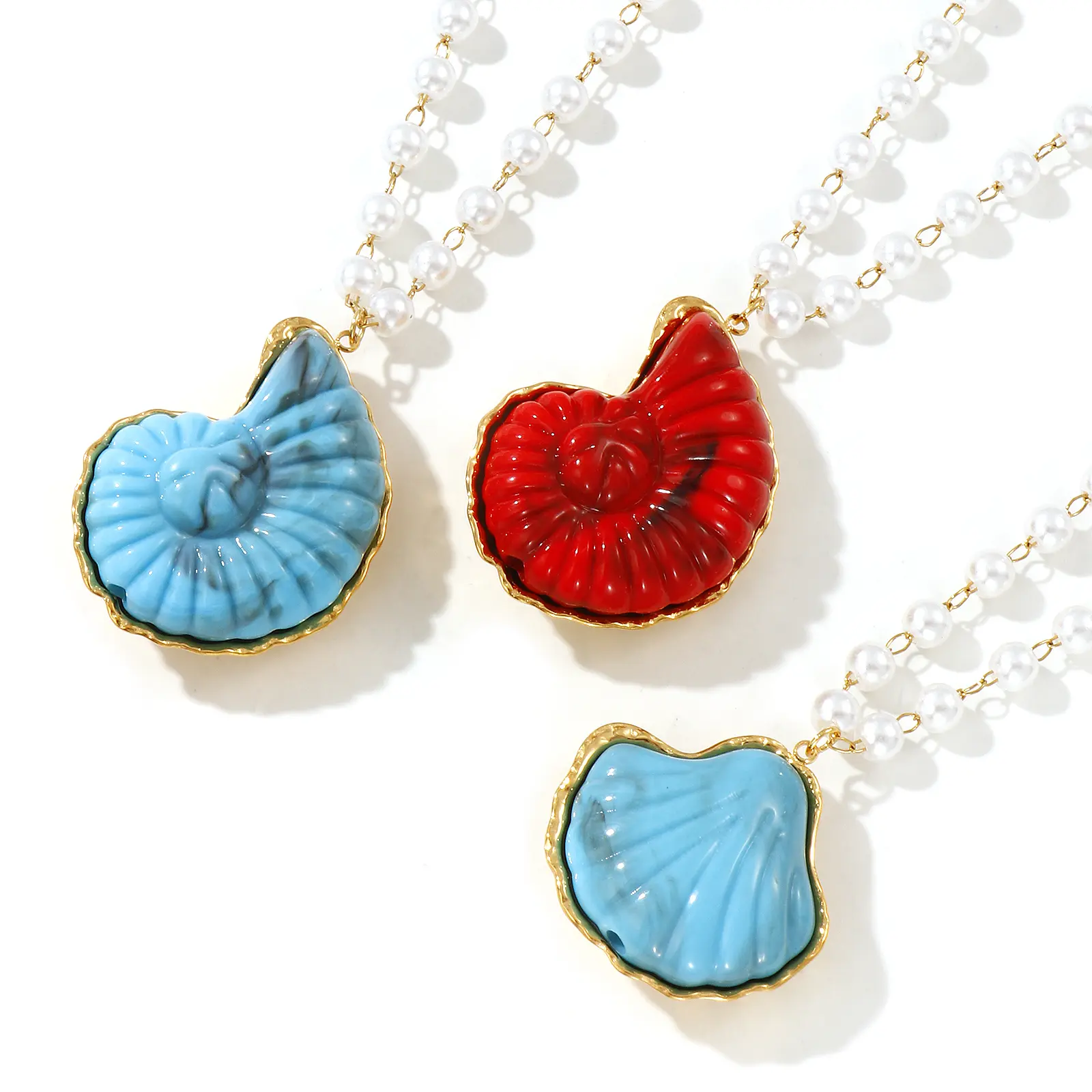 304 Stainless Steel & Resin Shell Conch Pendant Necklace 18K Gold Plated Beaded Chain 45cm For Women Ocean Jewelry Dainty Gift
