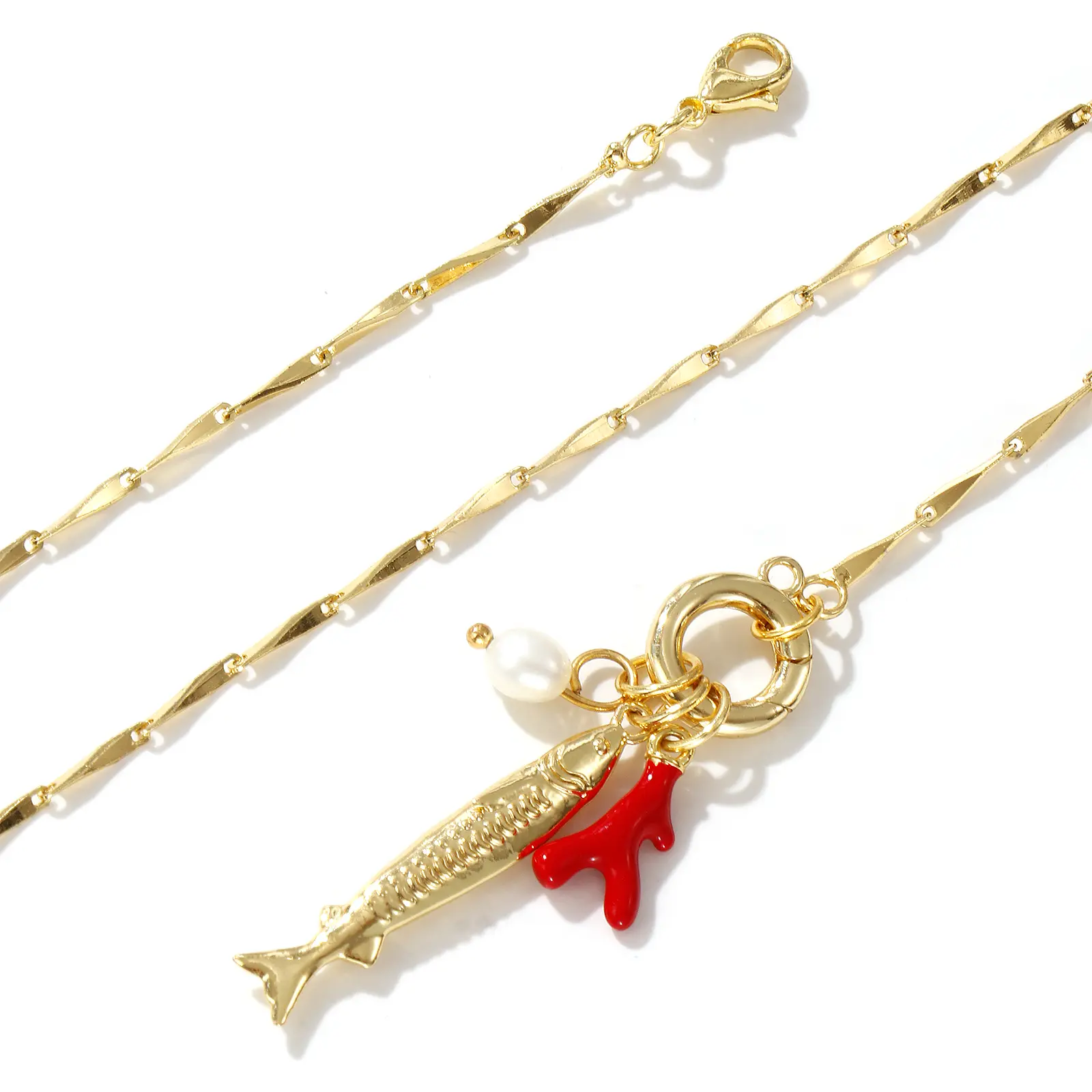 Brass Fish Pendant Necklace18K Gold Plated Seeds Chain Detachable Coralline Red Enamel For Women Ocean Jewelry Fashion Gift45cm