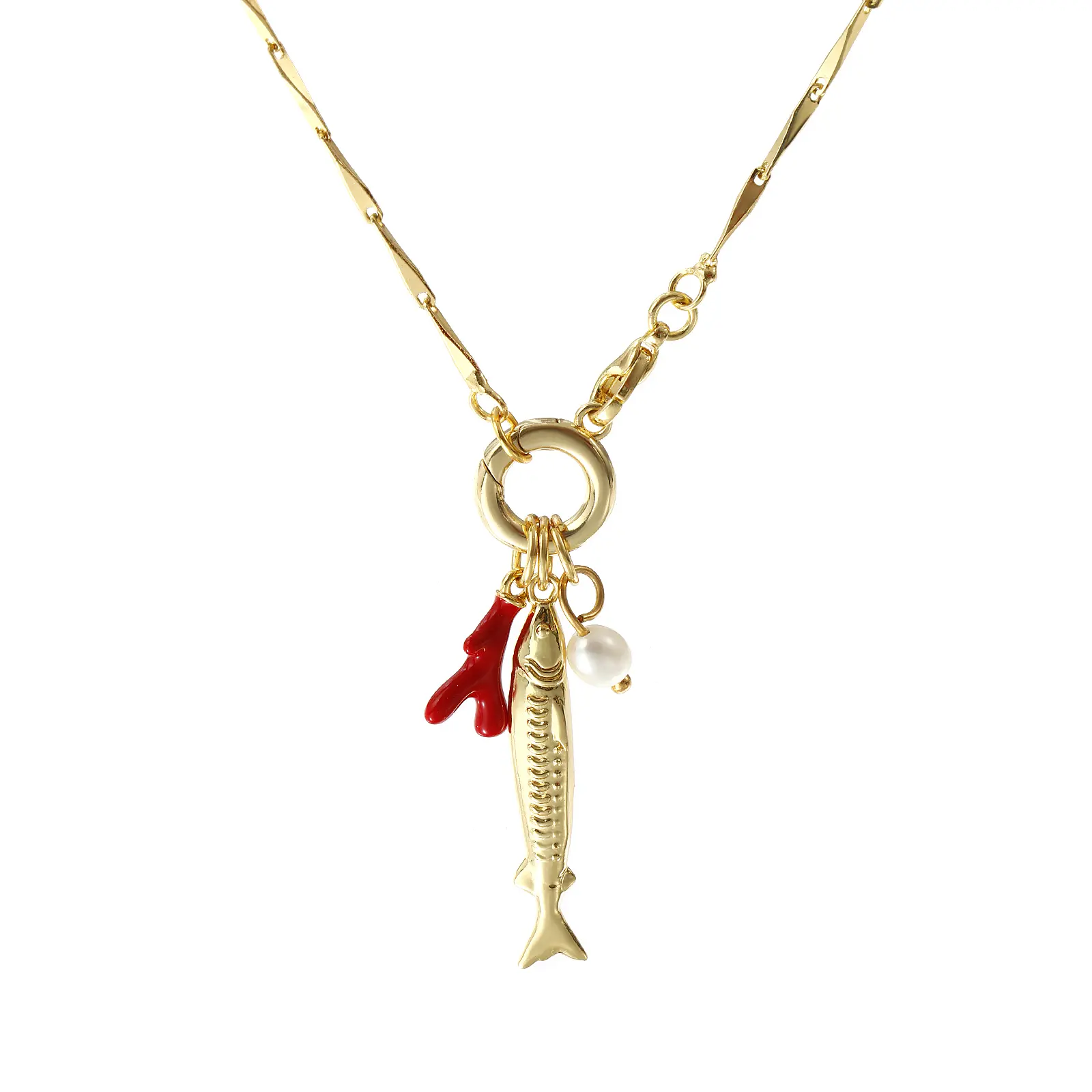 Brass Fish Pendant Necklace18K Gold Plated Seeds Chain Detachable Coralline Red Enamel For Women Ocean Jewelry Fashion Gift45cm