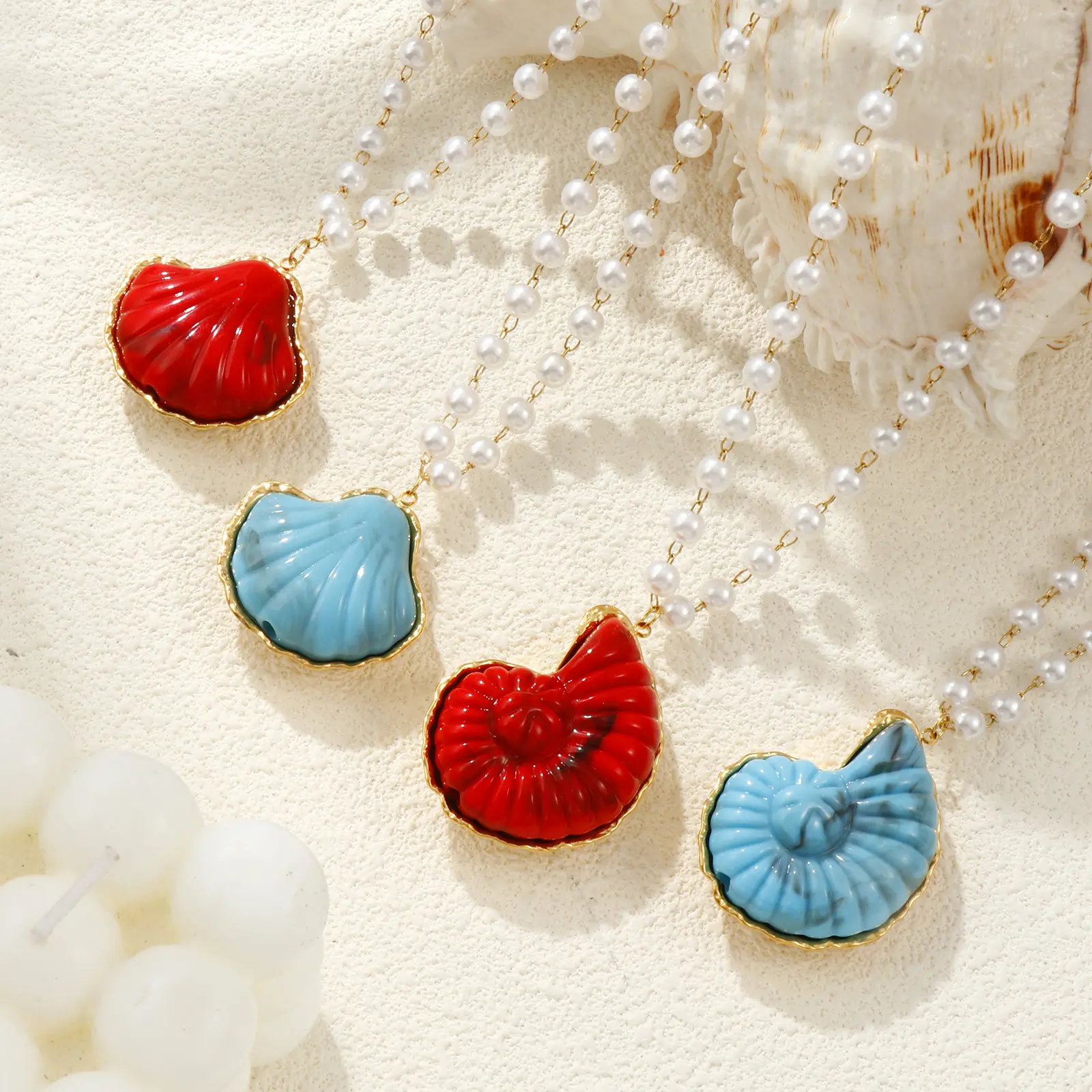 304 Stainless Steel & Resin Shell Conch Pendant Necklace 18K Gold Plated Beaded Chain 45cm For Women Ocean Jewelry Dainty Gift