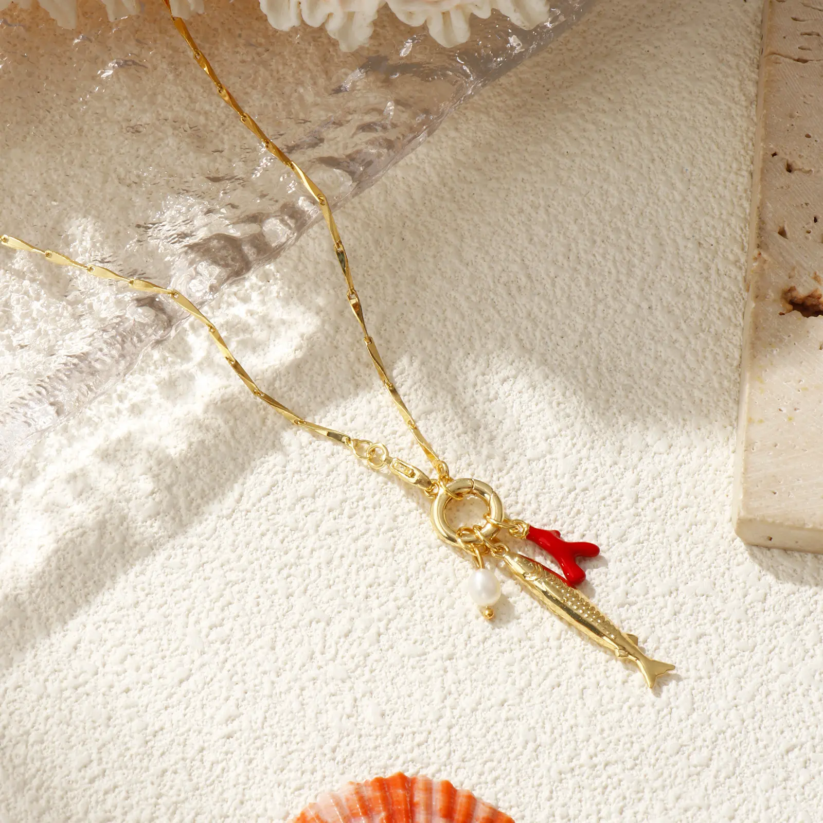 Brass Fish Pendant Necklace18K Gold Plated Seeds Chain Detachable Coralline Red Enamel For Women Ocean Jewelry Fashion Gift45cm
