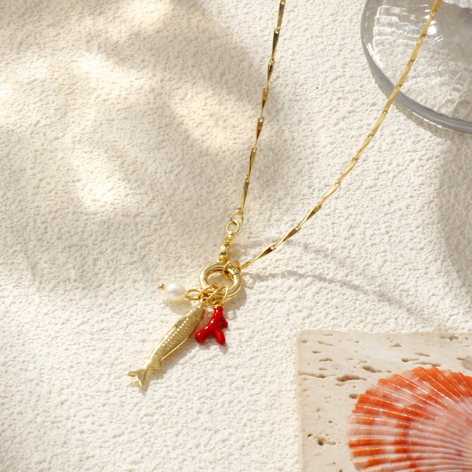 Brass Fish Pendant Necklace18K Gold Plated Seeds Chain Detachable Coralline Red Enamel For Women Ocean Jewelry Fashion Gift45cm