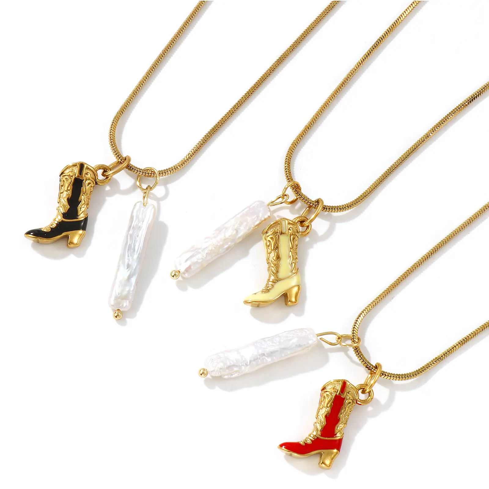 304 Stainless Steel Boots Pendant Necklace 18K Gold Plated Square Snake Chain Boots 45cm + 5cm For Women Enamel West Cowboy