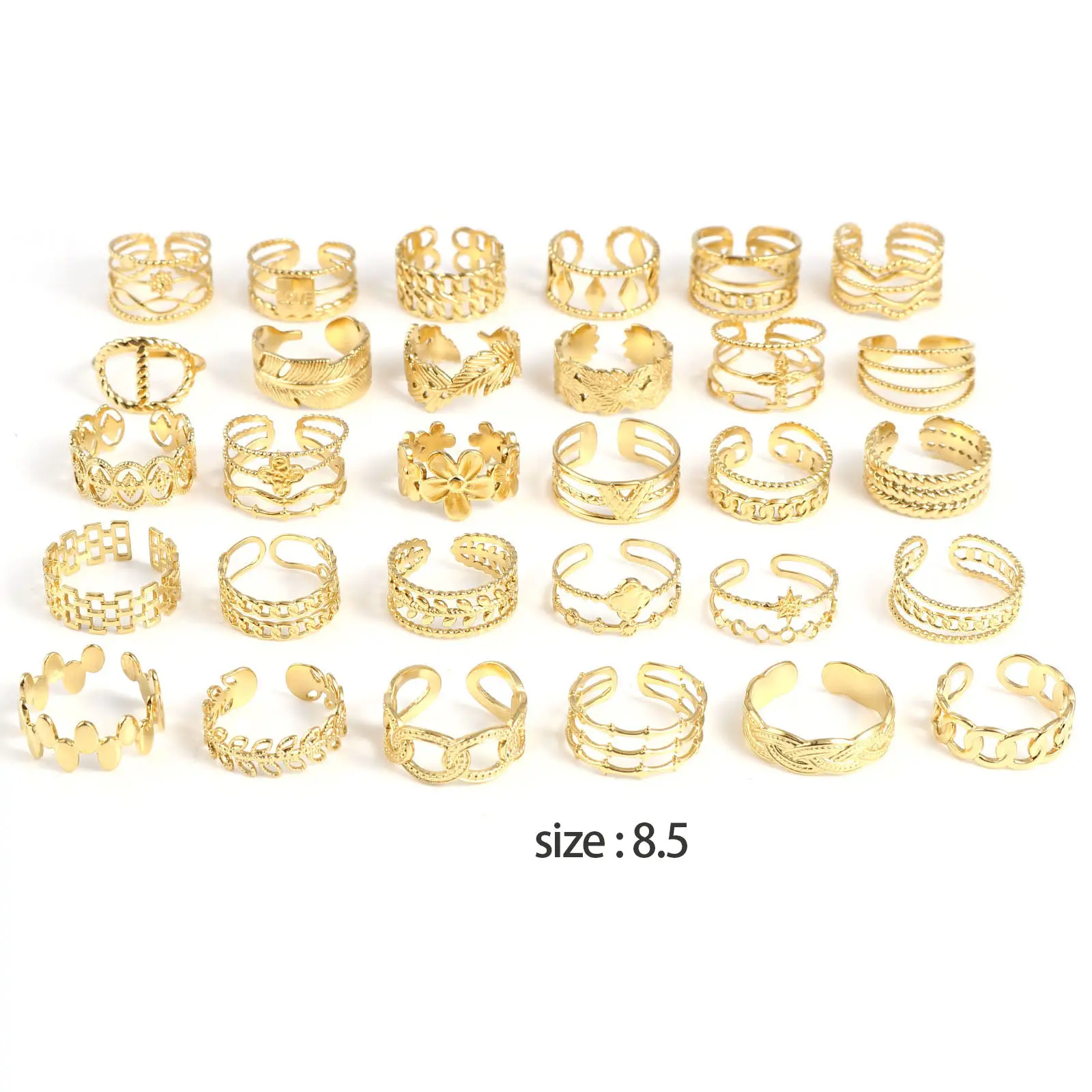 Fashion Stainless Steel Open Rings For Men Women Jewelry Classic Gold Color Link Chain Adjustable Ring Gift (US size 8.5) 18.5mm