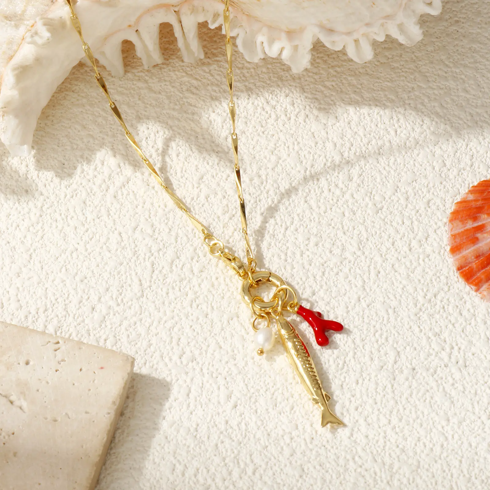 Brass Fish Pendant Necklace18K Gold Plated Seeds Chain Detachable Coralline Red Enamel For Women Ocean Jewelry Fashion Gift45cm