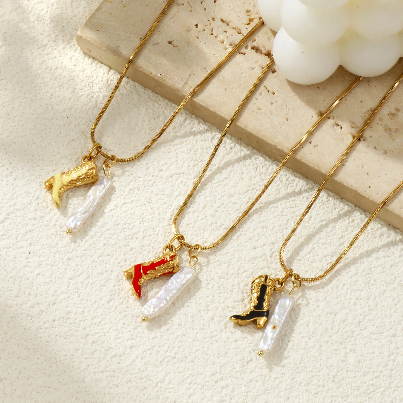 304 Stainless Steel Boots Pendant Necklace 18K Gold Plated Square Snake Chain Boots 45cm + 5cm For Women Enamel West Cowboy