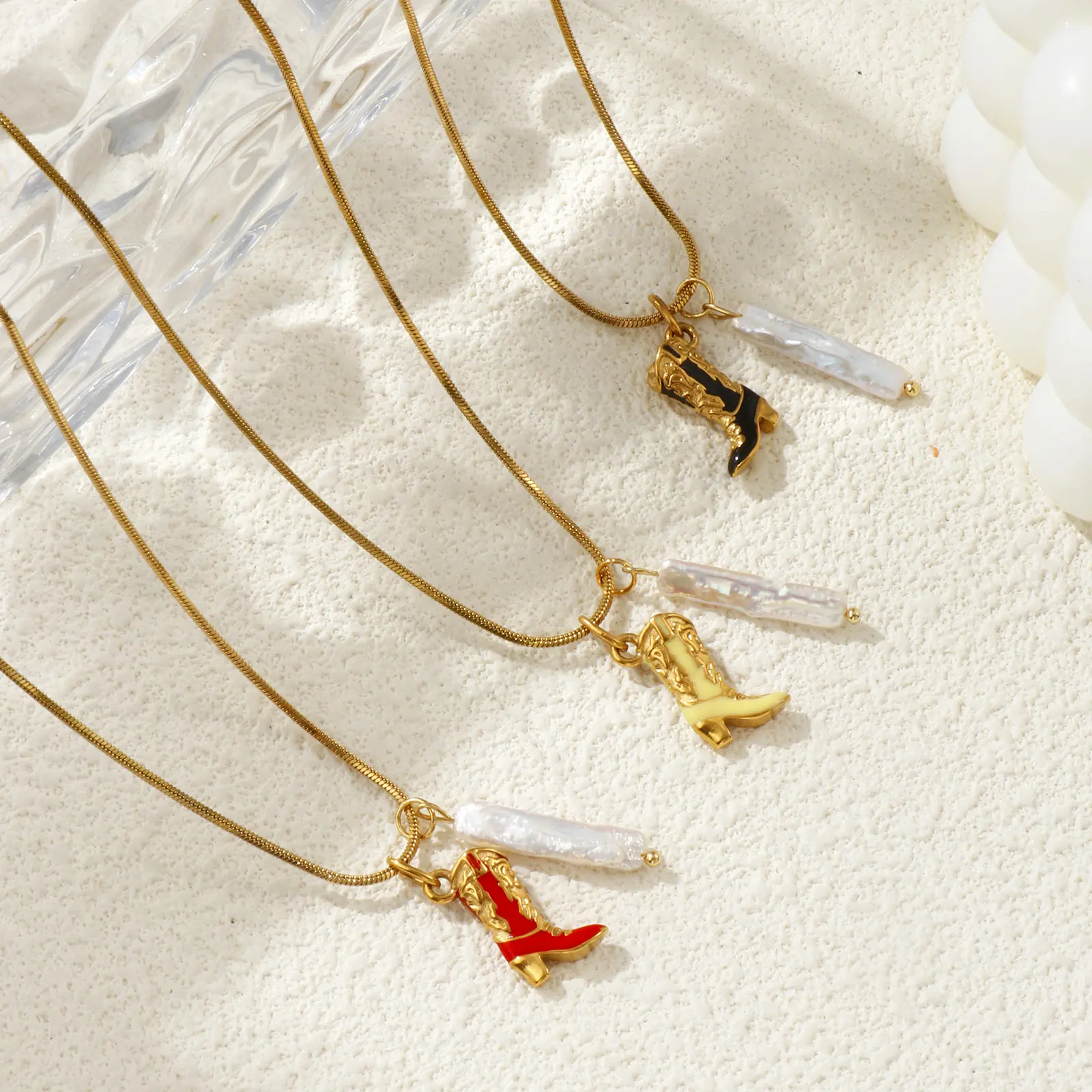 304 Stainless Steel Boots Pendant Necklace 18K Gold Plated Square Snake Chain Boots 45cm + 5cm For Women Enamel West Cowboy