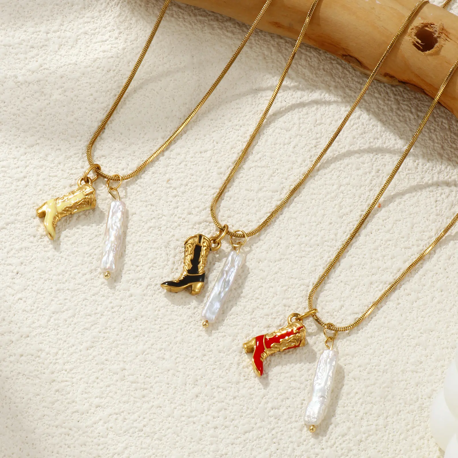 304 Stainless Steel Boots Pendant Necklace 18K Gold Plated Square Snake Chain Boots 45cm + 5cm For Women Enamel West Cowboy