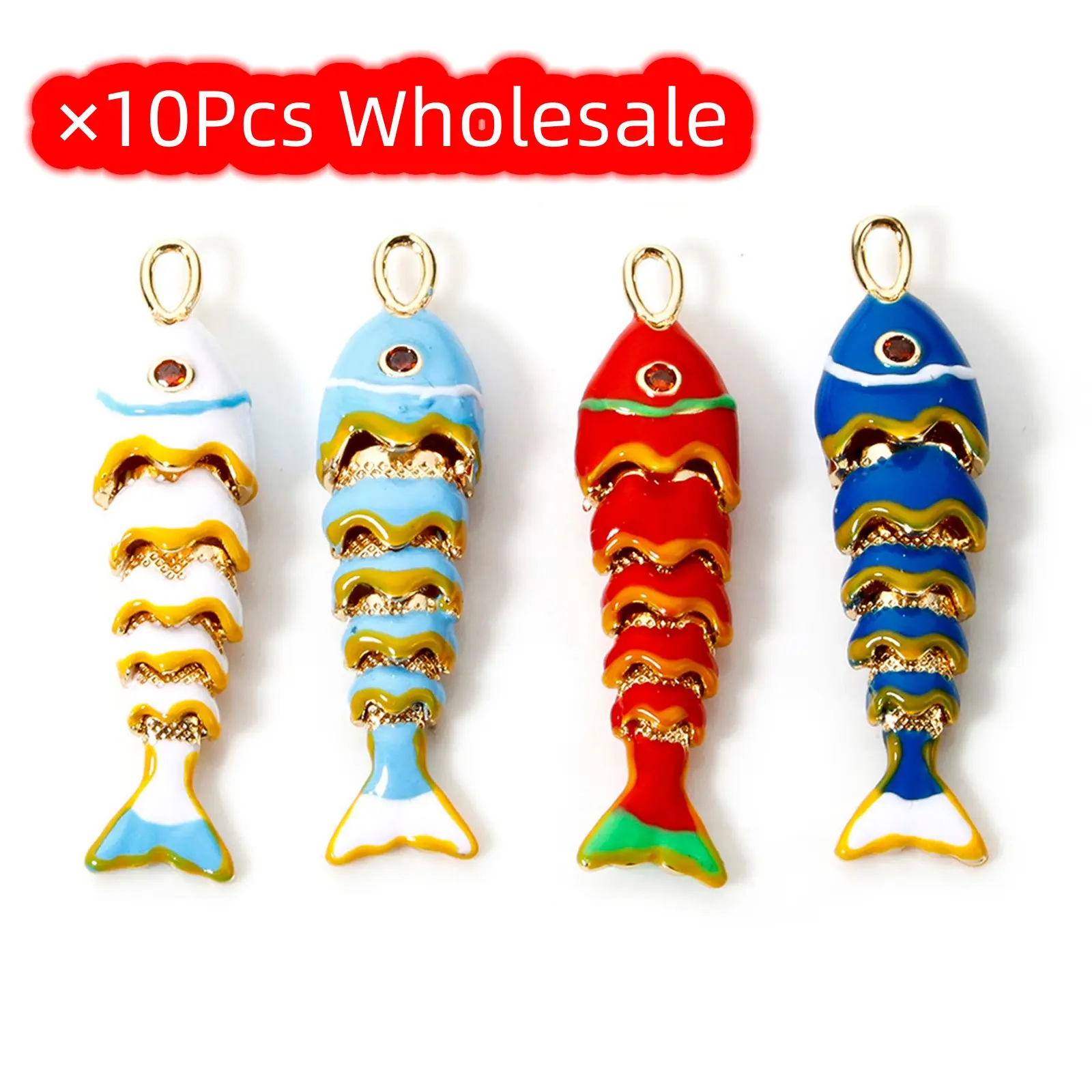 10 Piece Wholesale Brass Enamel Fish Charm Ocean Movable 3D Pendant 18K Gold Plated For Necklace DIY Making Findings 4.1cm x 1cm