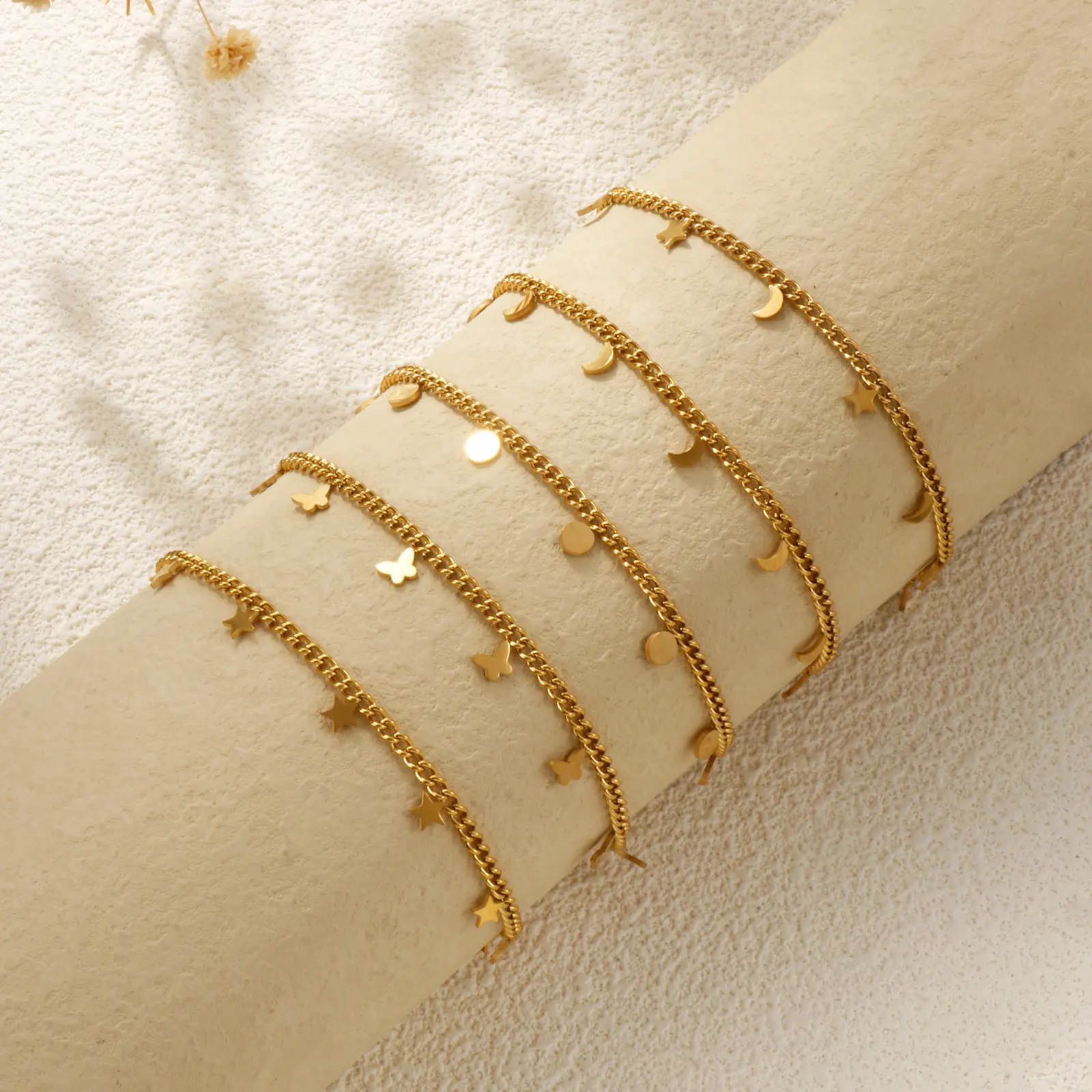 304 Stainless Steel Curb Link Chain Anklet 18K Gold Plated Butterfly Star Charms For Women Foot Jewelry Summer Gift 22cm long