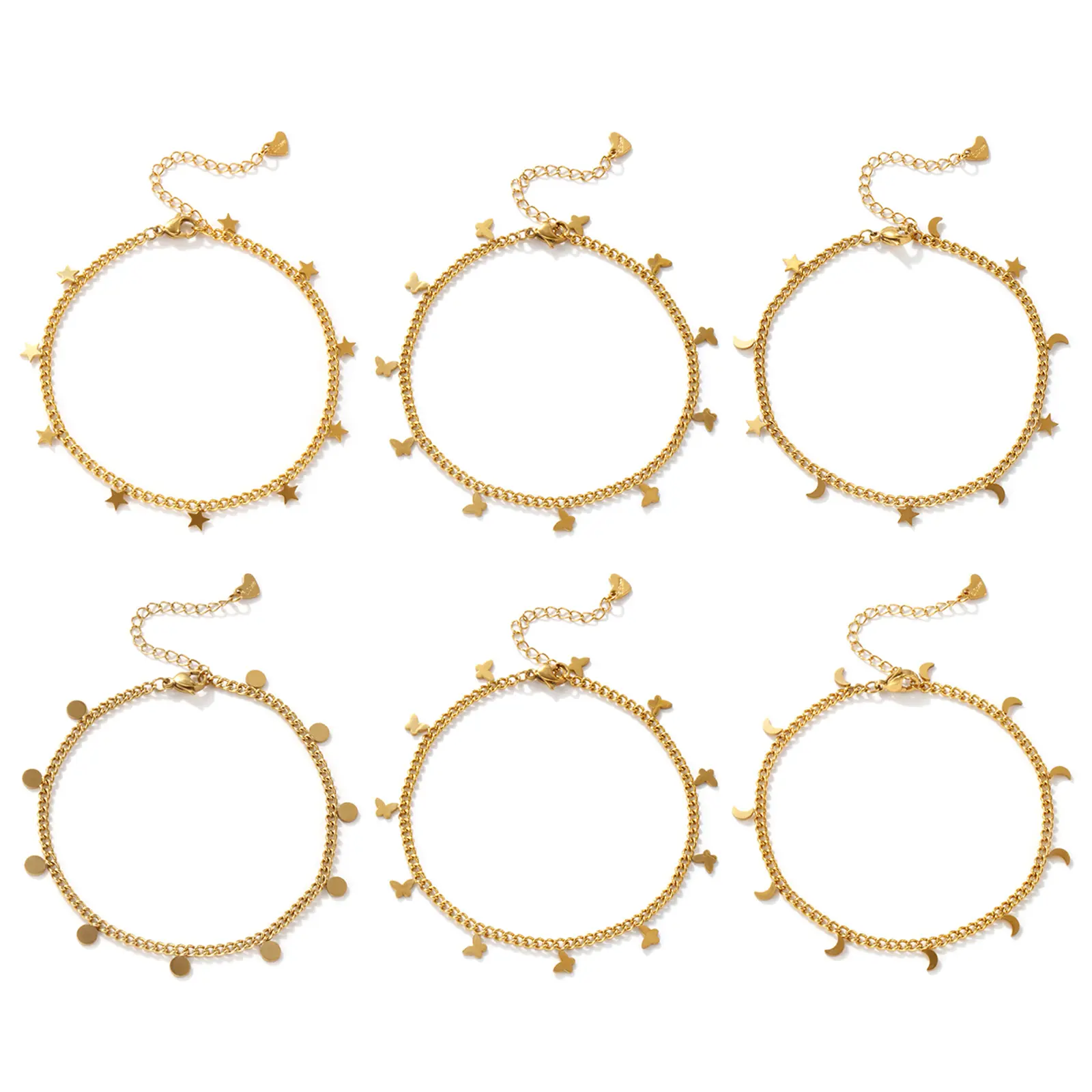 304 Stainless Steel Curb Link Chain Anklet 18K Gold Plated Butterfly Star Charms For Women Foot Jewelry Summer Gift 22cm long