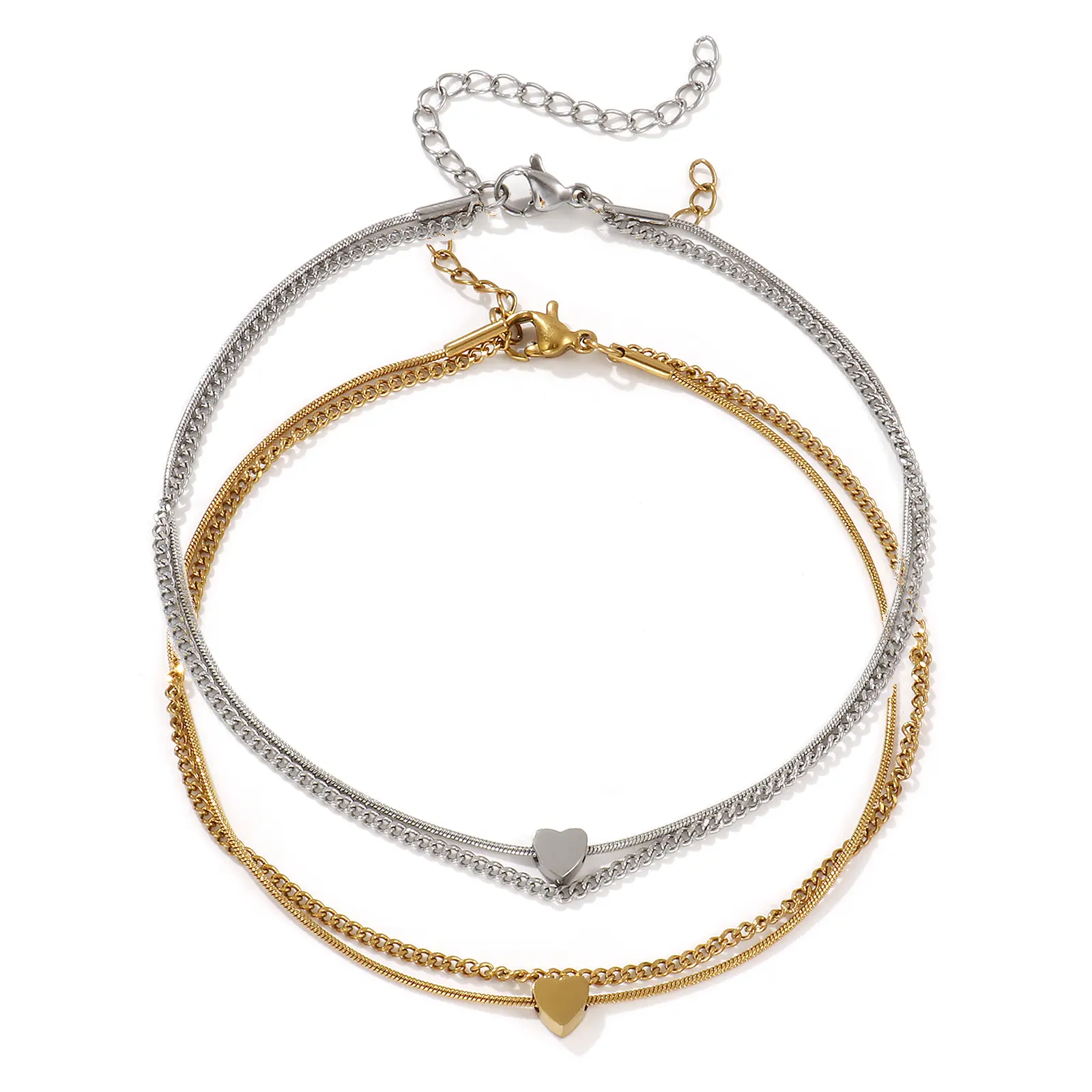 1 Piece Stylish Valentine's Day Anklet 304 Stainless Steel Curb Link Chain Heart Multilayer Layered Anklet For Women 23cm long