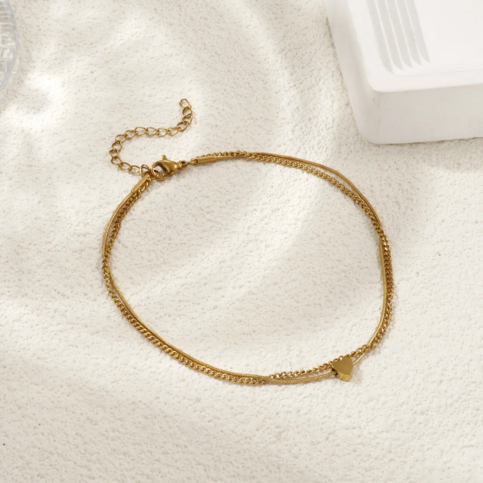 1 Piece Stylish Valentine's Day Anklet 304 Stainless Steel Curb Link Chain Heart Multilayer Layered Anklet For Women 23cm long