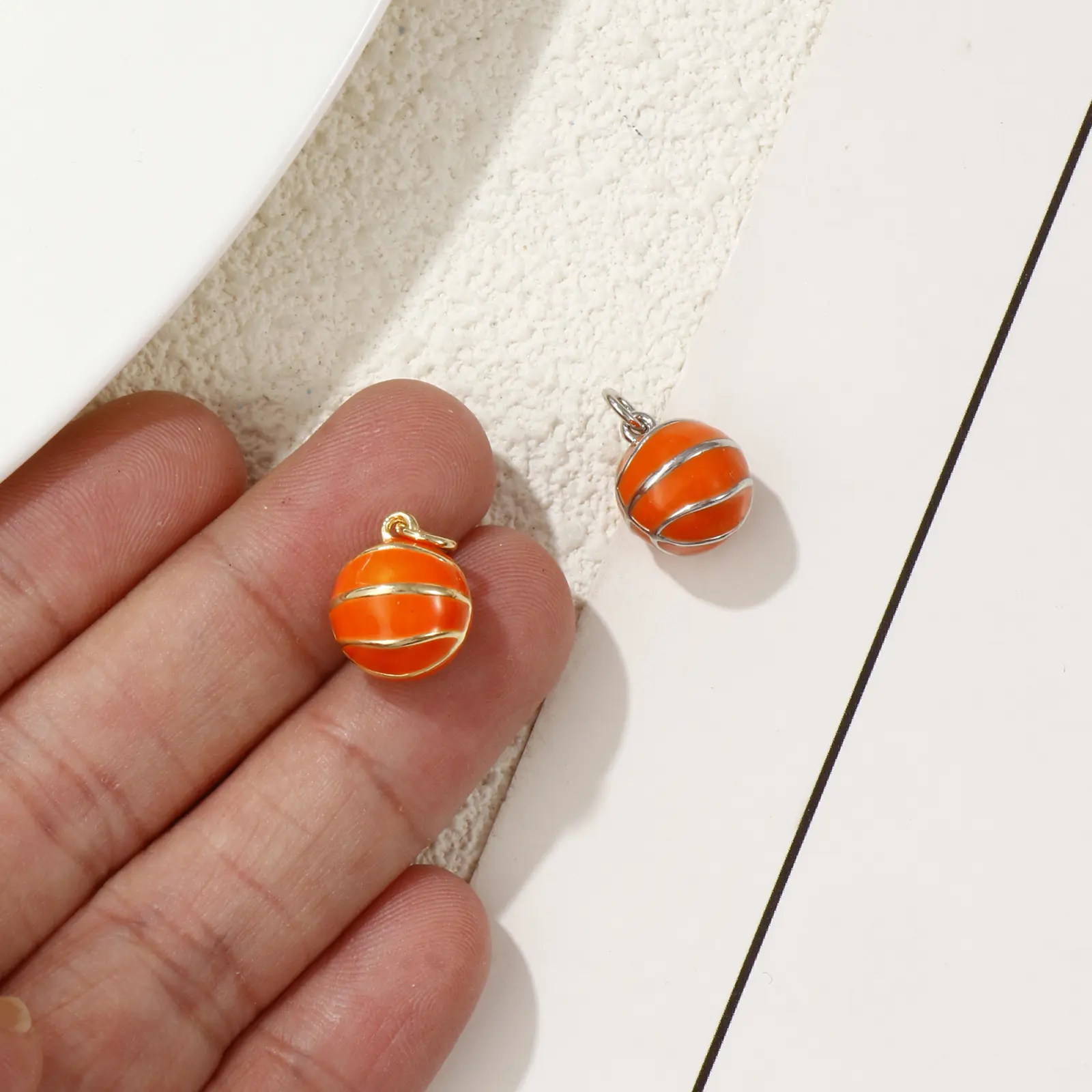 2 Piece Brass Sport Charms Gold Plated Orange Enamel Basketball 3D Pendants For DIY Necklace Jewelry Making Findings 16mm x 11mm