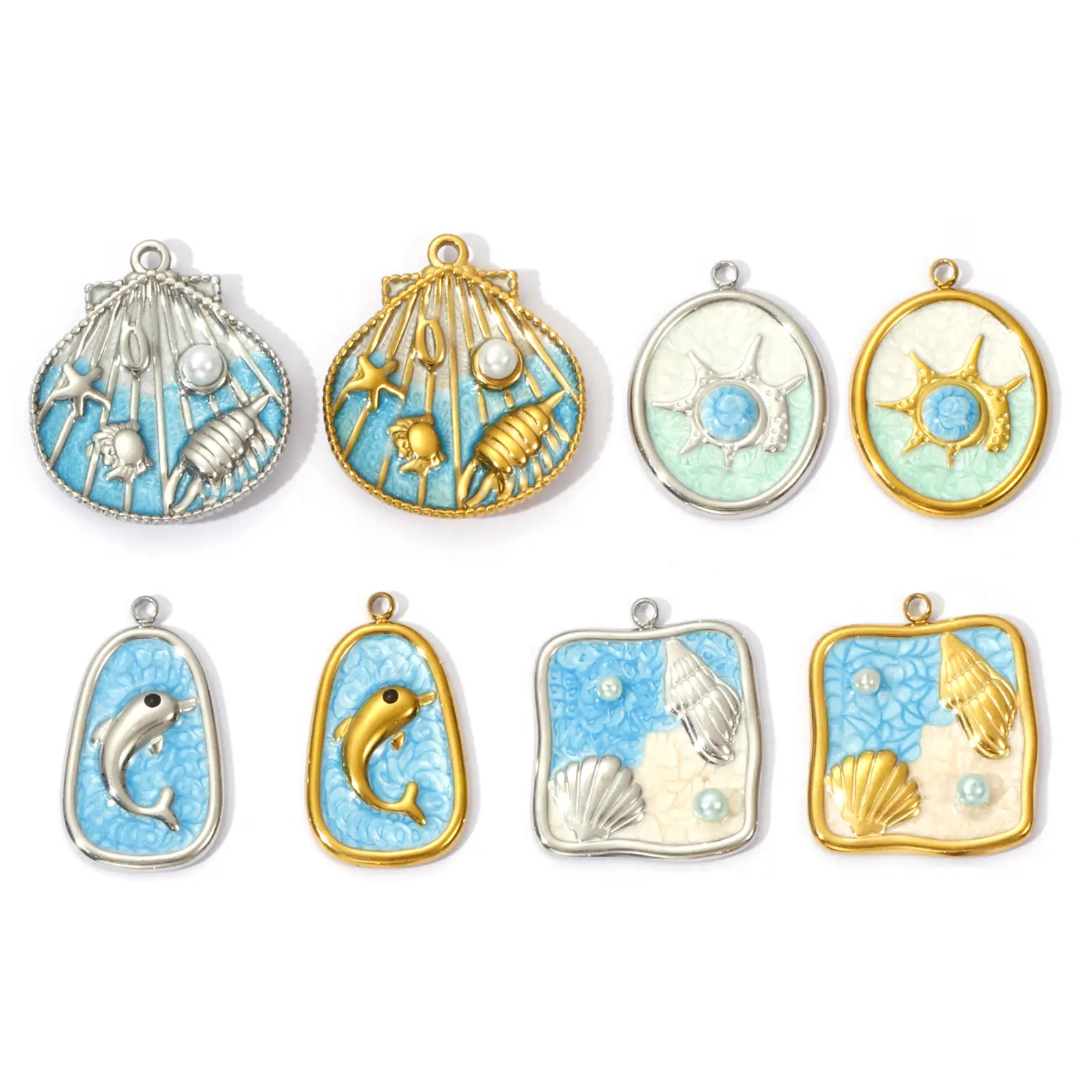 2 PCs 304 Stainless Steel Ocean Jewelry Charms Silver Plated Starfish Crab Shell Conch Dolphin Pendant For DIY Necklace Making