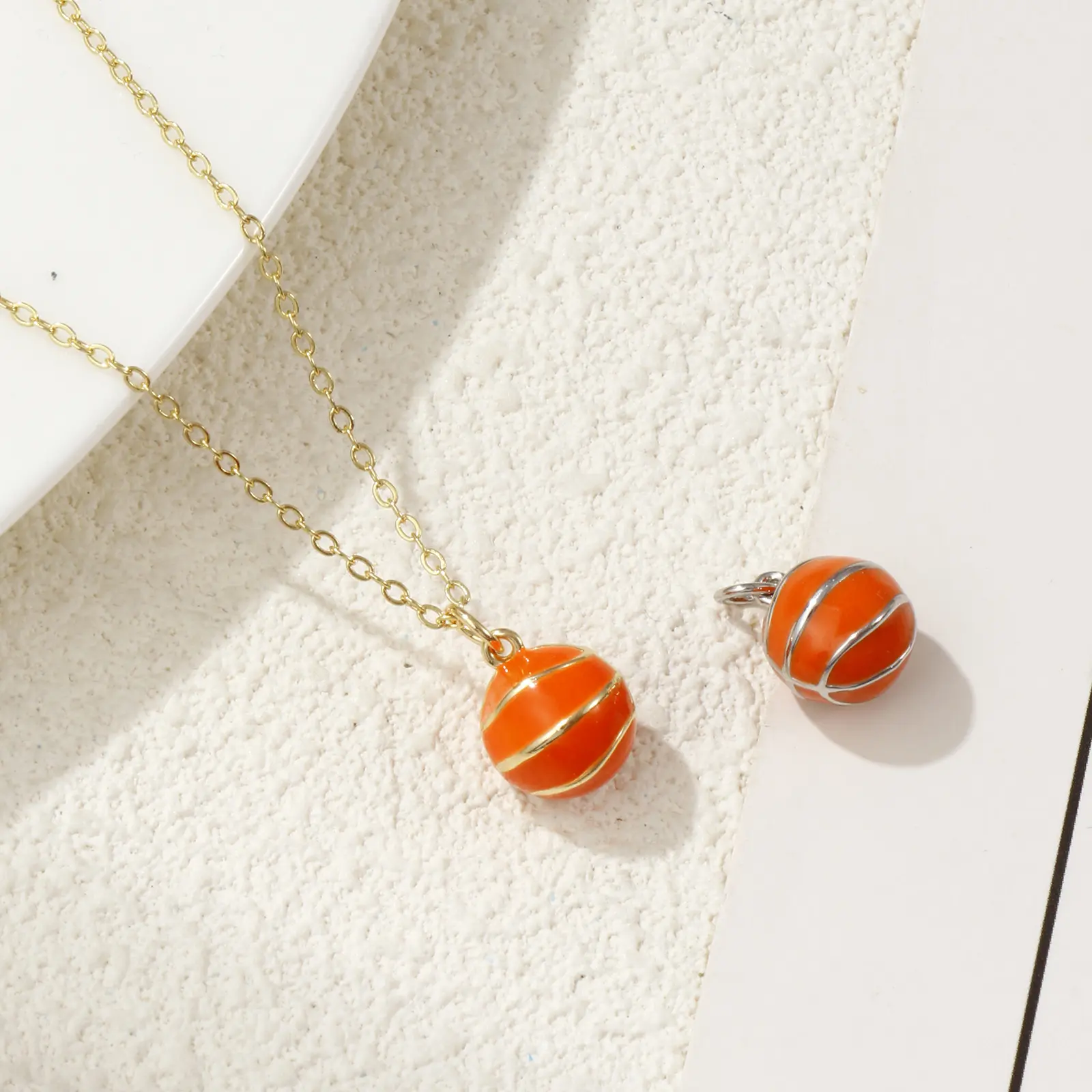 2 Piece Brass Sport Charms Gold Plated Orange Enamel Basketball 3D Pendants For DIY Necklace Jewelry Making Findings 16mm x 11mm