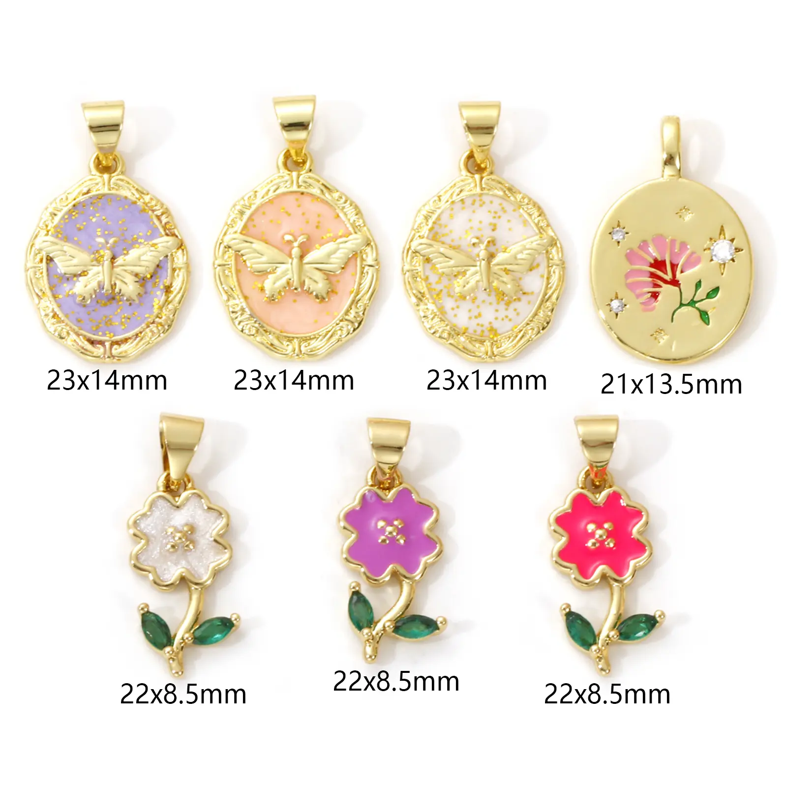 2 Piece Brass Charms 18K Gold Plated Multicolor Enamel Flower Butterfly Pendants For DIY Necklace Bracelet Jewelry Making