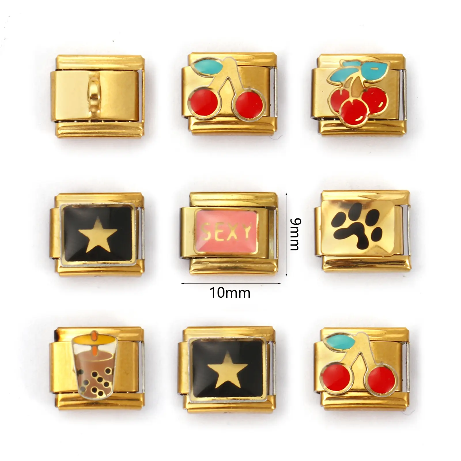 2 Piece Stainless Steel Italian Charm Links Cherry Fruit Fit 9mm For DIY Bracelet Jewelry Making 18K Gold Plated Rectangle