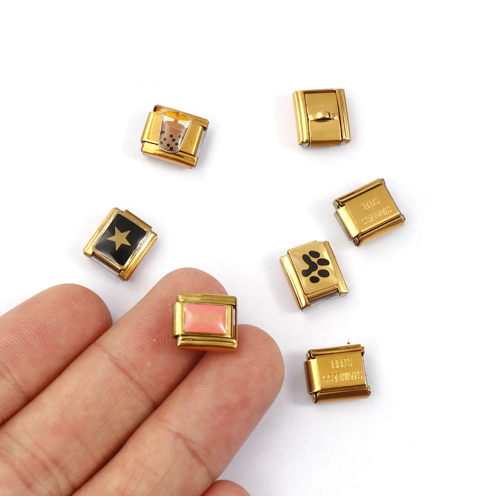2 Piece Stainless Steel Italian Charm Links Cherry Fruit Fit 9mm For DIY Bracelet Jewelry Making 18K Gold Plated Rectangle