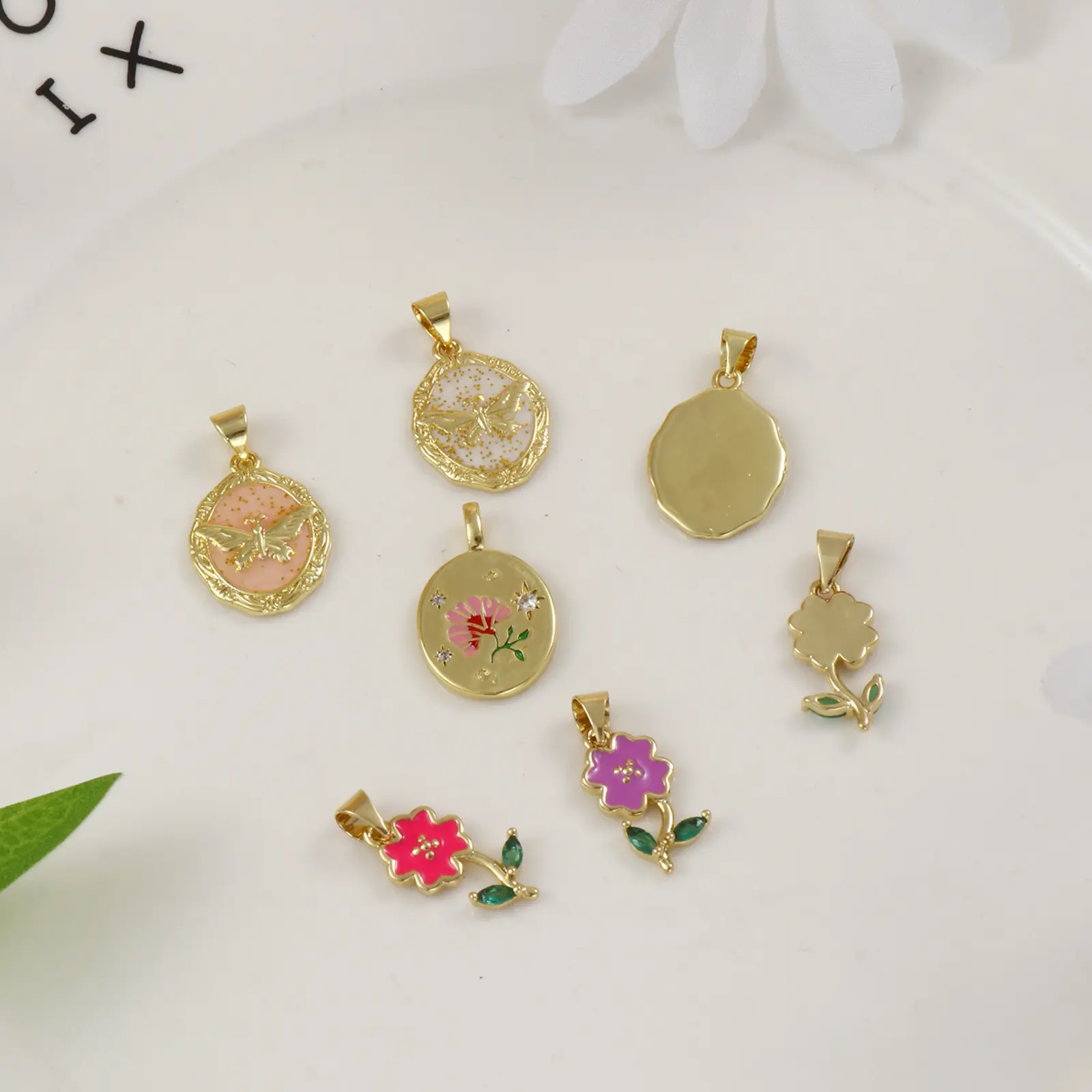 2 Piece Brass Charms 18K Gold Plated Multicolor Enamel Flower Butterfly Pendants For DIY Necklace Bracelet Jewelry Making