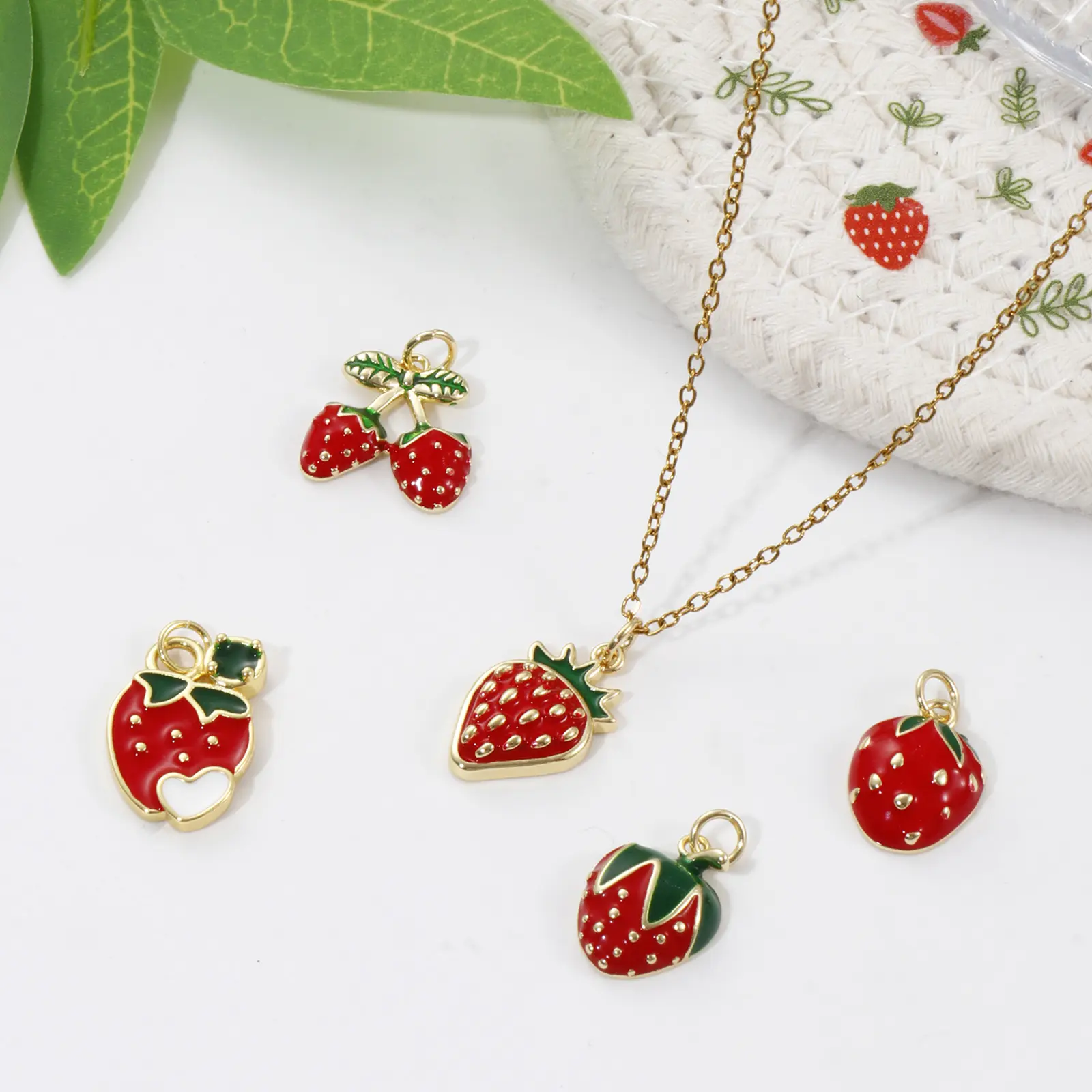 2 Piece Brass Charms 18K Real Gold Plated Red Enamel Strawberry Fruit Pendants For DIY Necklace Bracelet Jewelry Making