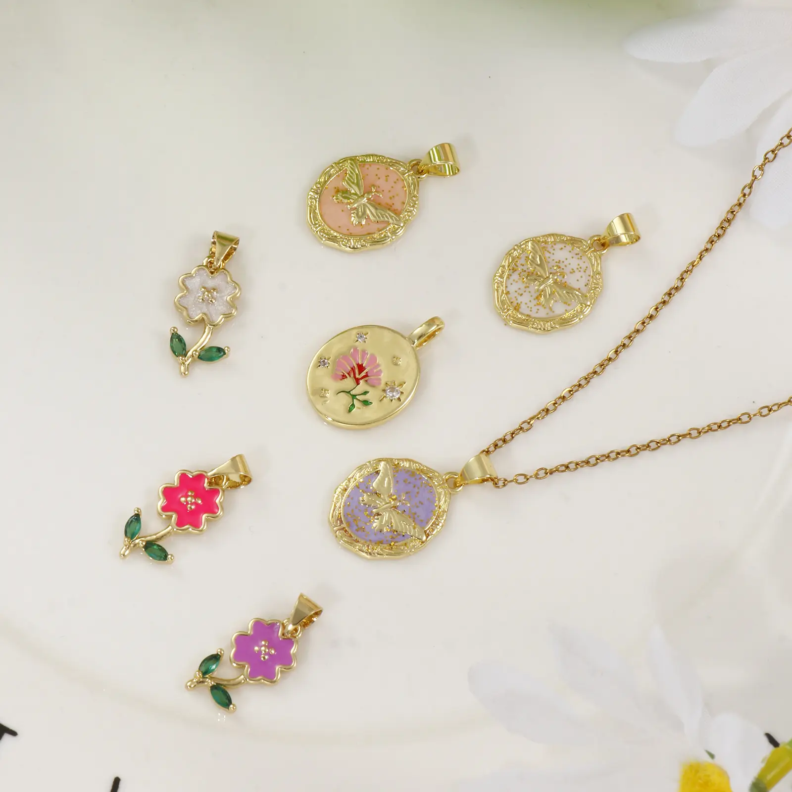 2 Piece Brass Charms 18K Gold Plated Multicolor Enamel Flower Butterfly Pendants For DIY Necklace Bracelet Jewelry Making