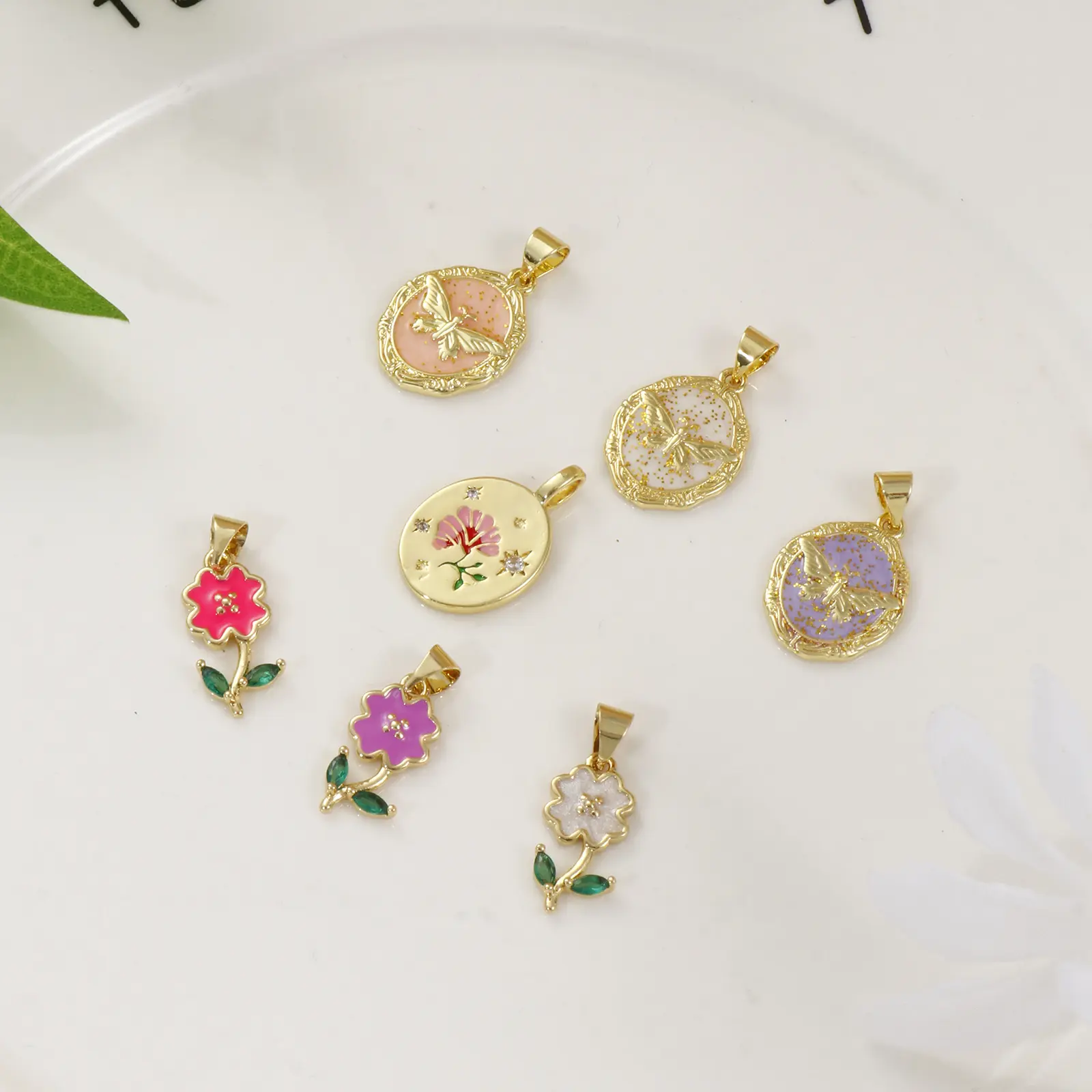 2 Piece Brass Charms 18K Gold Plated Multicolor Enamel Flower Butterfly Pendants For DIY Necklace Bracelet Jewelry Making