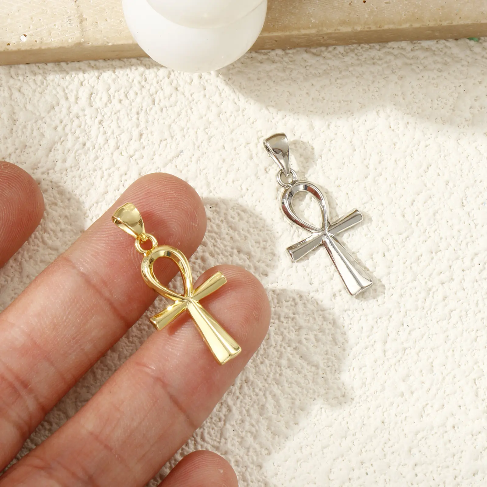 2 Piece Brass Charms Cross Egyptian Ankh Life Symbol Pendants For DIY Making Necklace Keychain Handmade Craft 28x13mm
