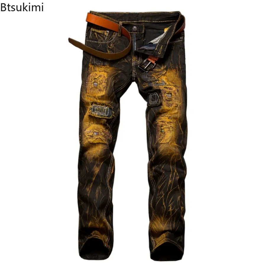 Men's Ripped Hole Jeans Fashion Harajuku Street Style Hip Hop  Vintage Straight Jeans Personality Motorcycle Denim Trousers Male