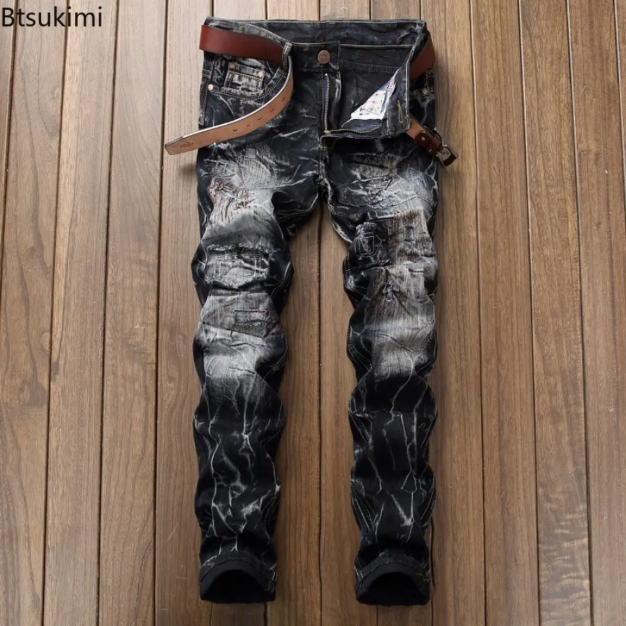 Men's Ripped Hole Jeans Fashion Harajuku Street Style Hip Hop  Vintage Straight Jeans Personality Motorcycle Denim Trousers Male