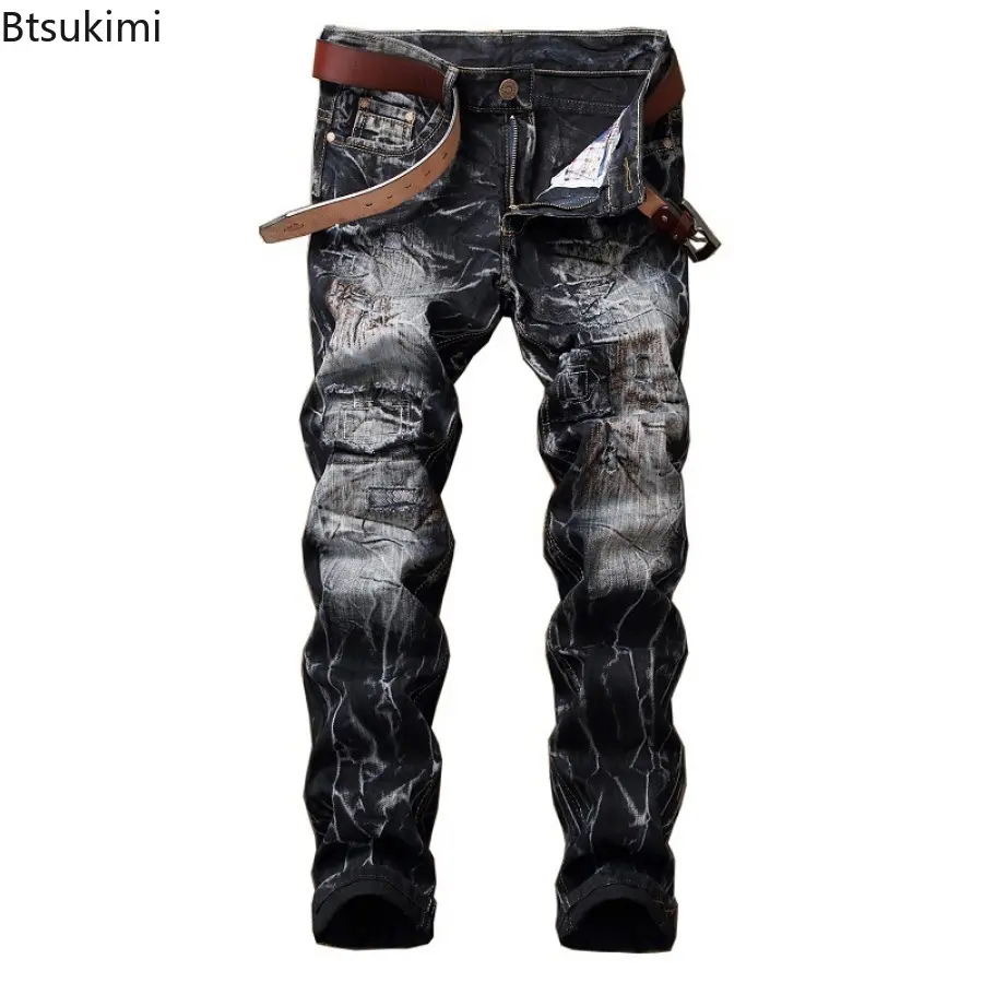 Men's Ripped Hole Jeans Fashion Harajuku Street Style Hip Hop  Vintage Straight Jeans Personality Motorcycle Denim Trousers Male
